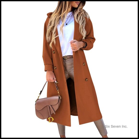 Jackets & Blazers - Long Wool Blend Pea Coat with Notched Lapel Collar Double Breasted